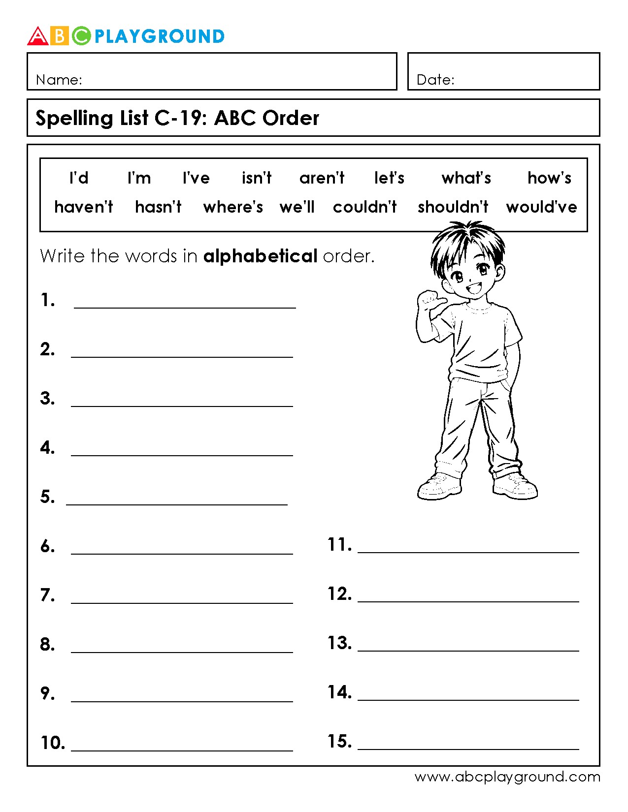 C19 Alphabetical Order Practice with Contraction Words