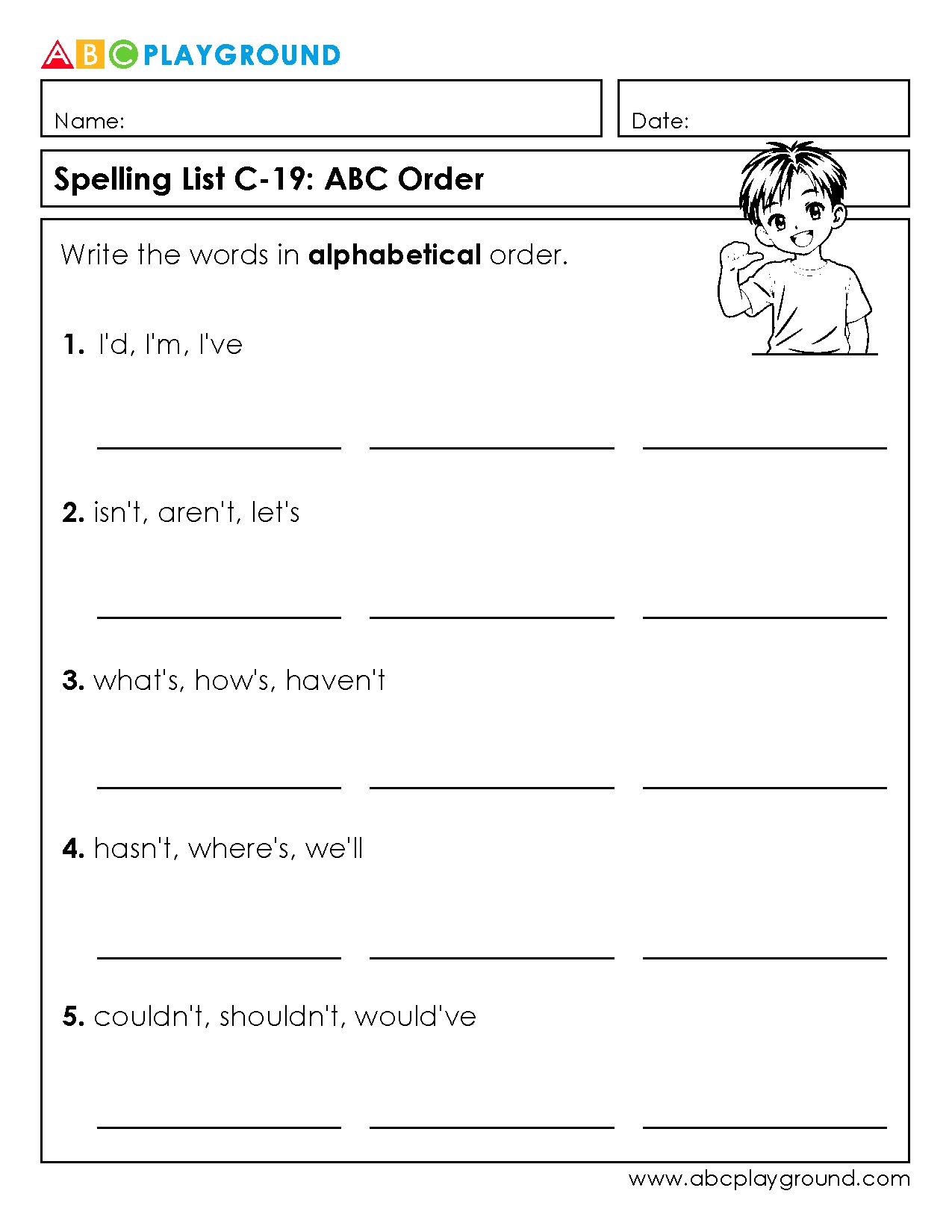 C19 Alphabetical Order Practice with Common Contractions