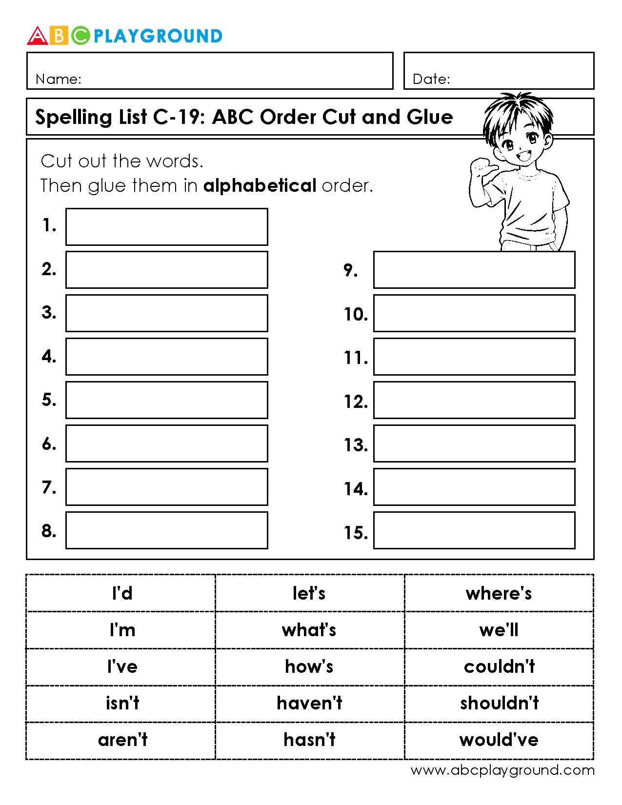 C19 Cut and Glue Words in Alphabetical Order Worksheet