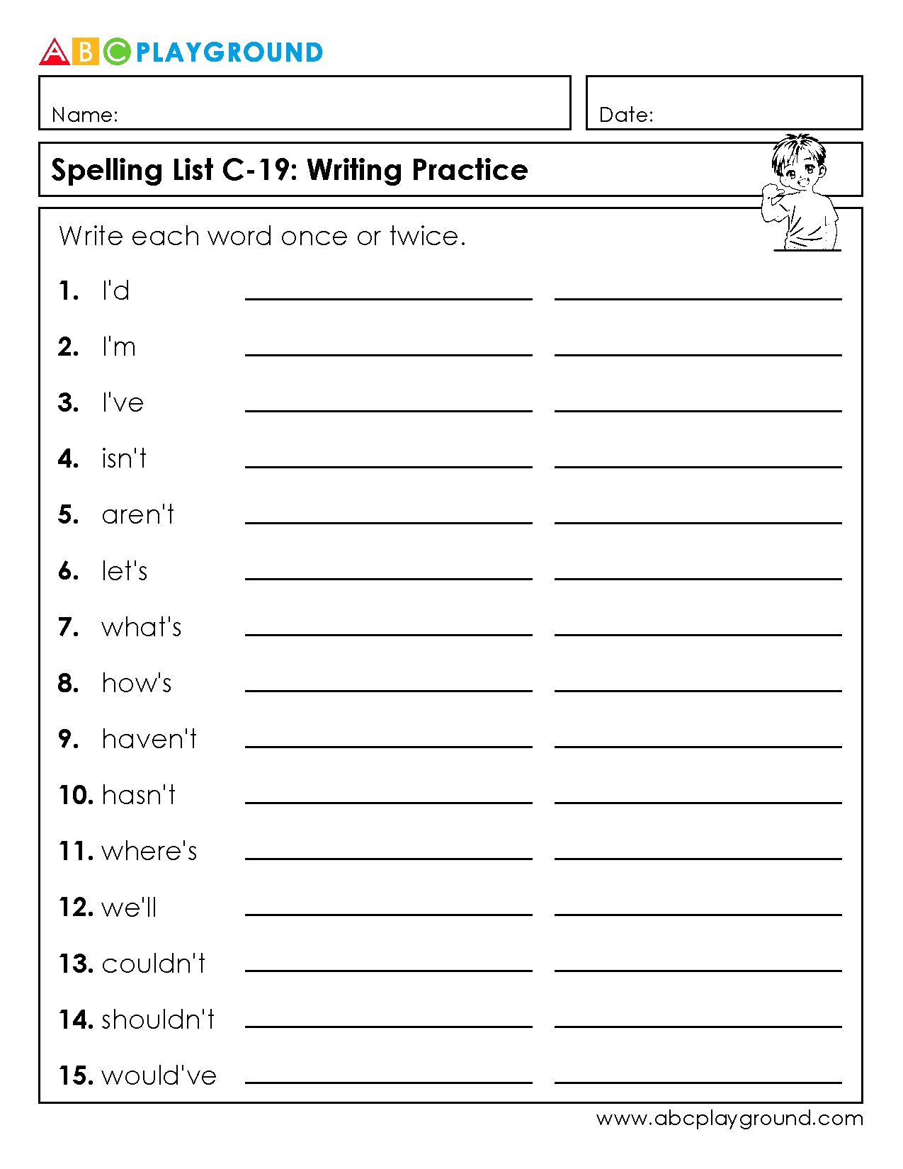 C19 Writing Practice for Common Contractions Spelling List