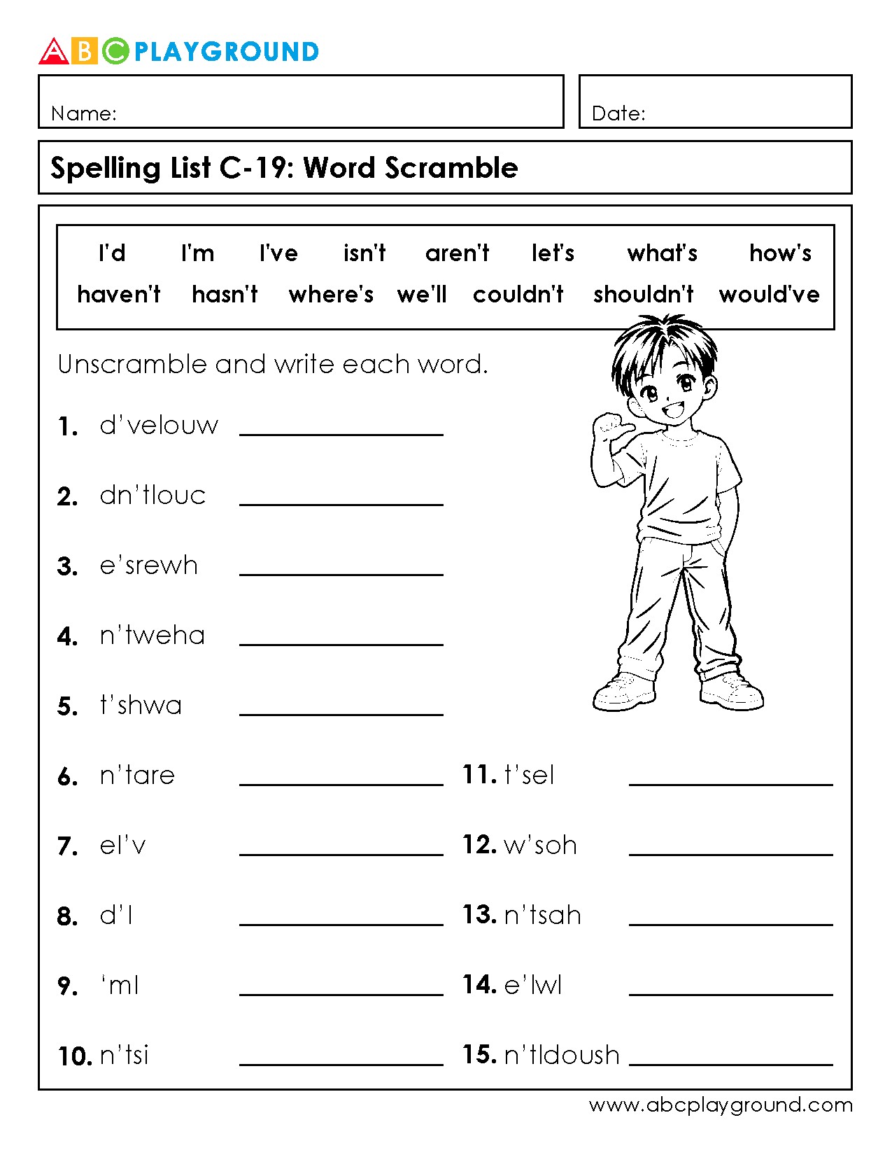 C19 Contractions Word Scramble Spelling Practice