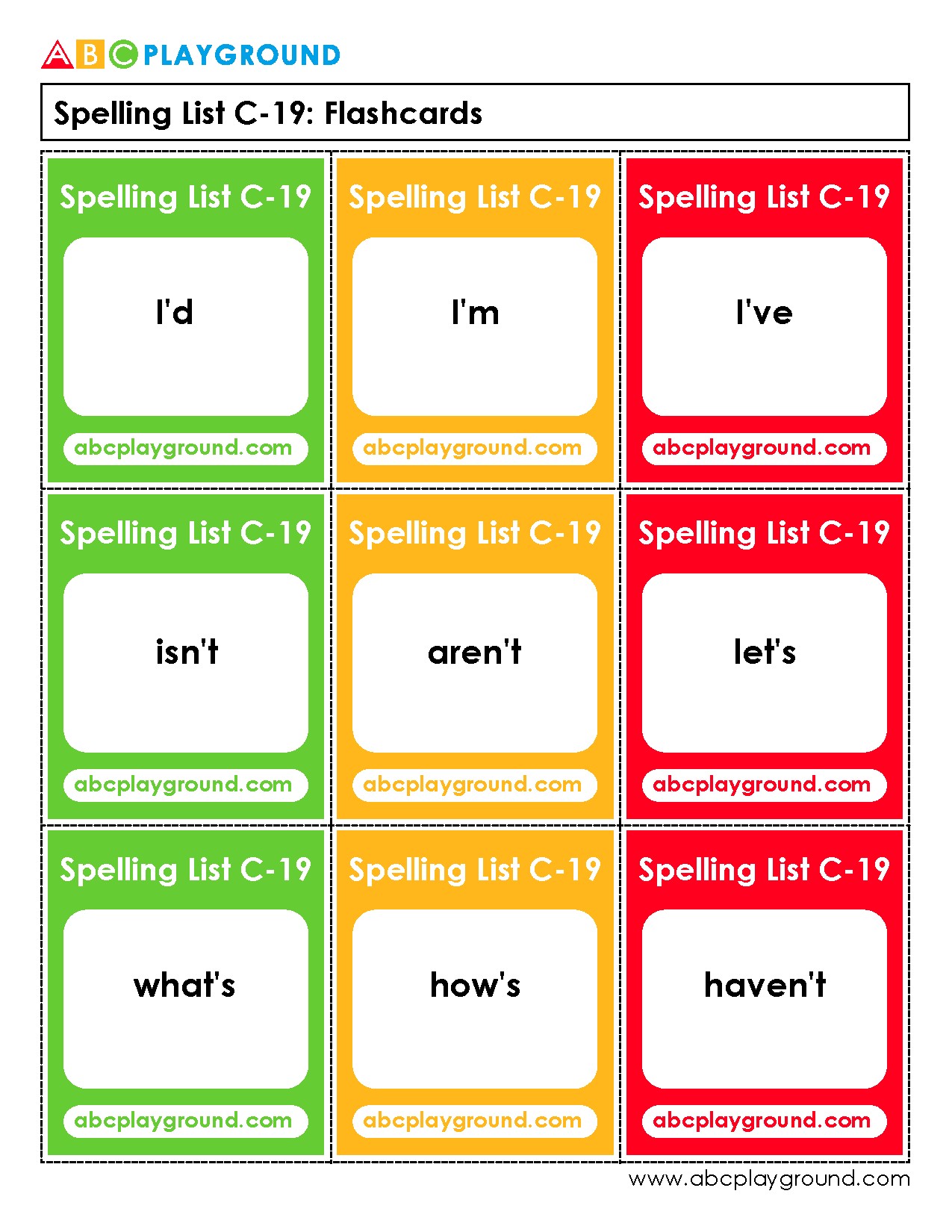 C19 Contraction Flashcards for Spelling Practice
