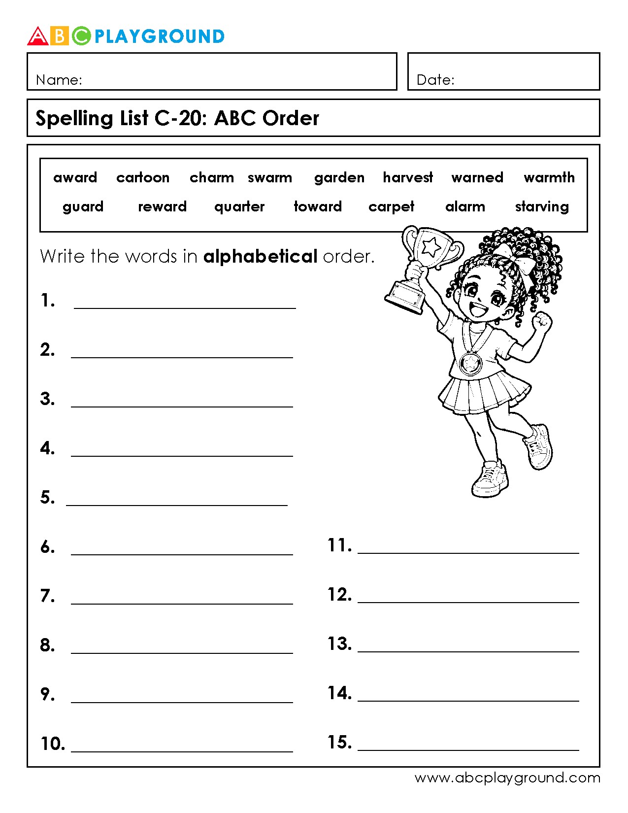 C20 Spelling Practice: Alphabetical Order Worksheet