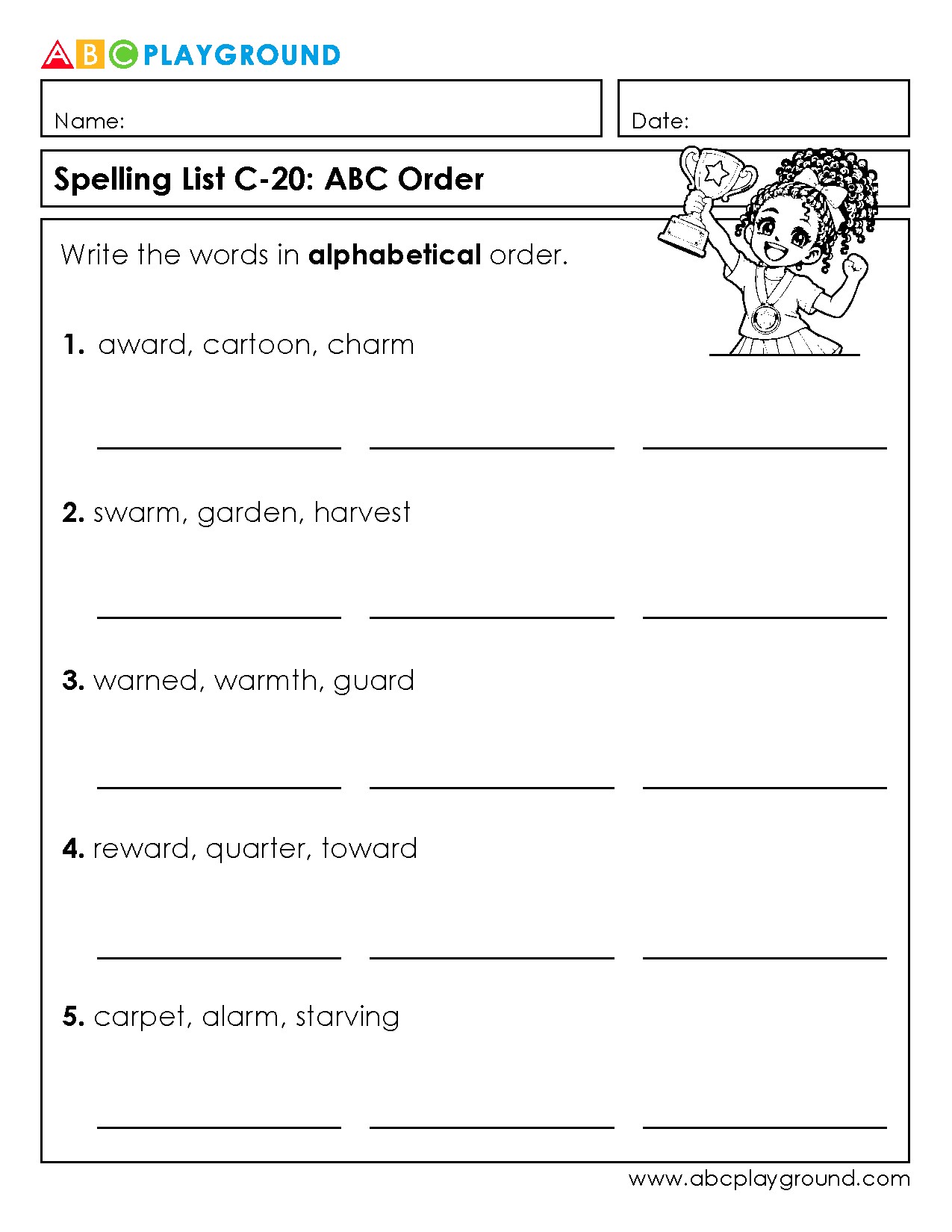 C20 Alphabetical Order Practice Worksheet for Spelling Words