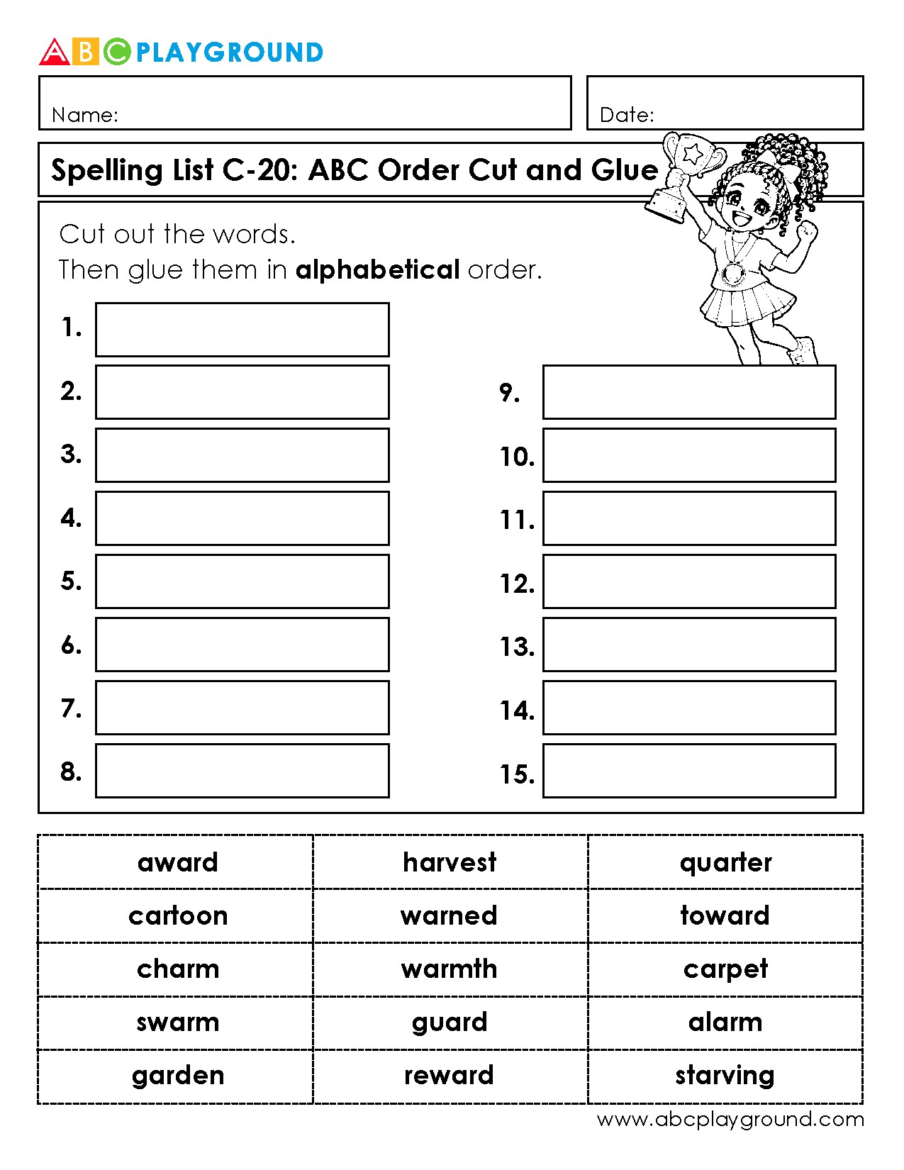 C20 Spelling Practice: Cut and Glue Words in ABC Order