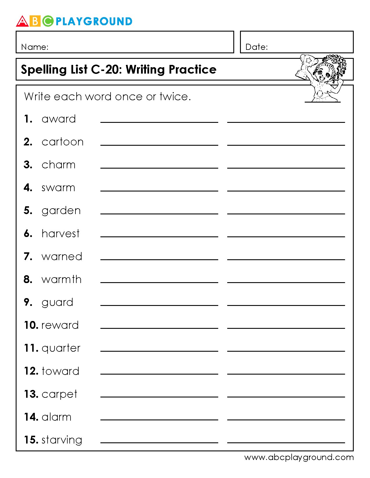 C20 Spelling List Writing Practice for Skill Building