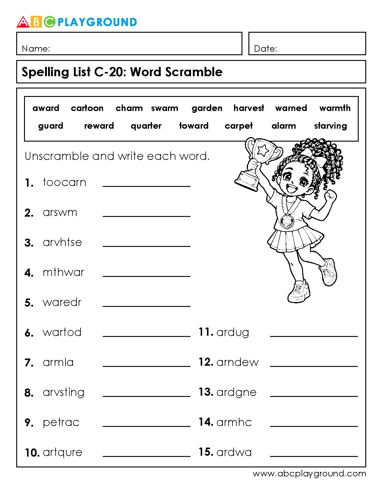 C20 Spelling Word Scramble Worksheet with Answer Key