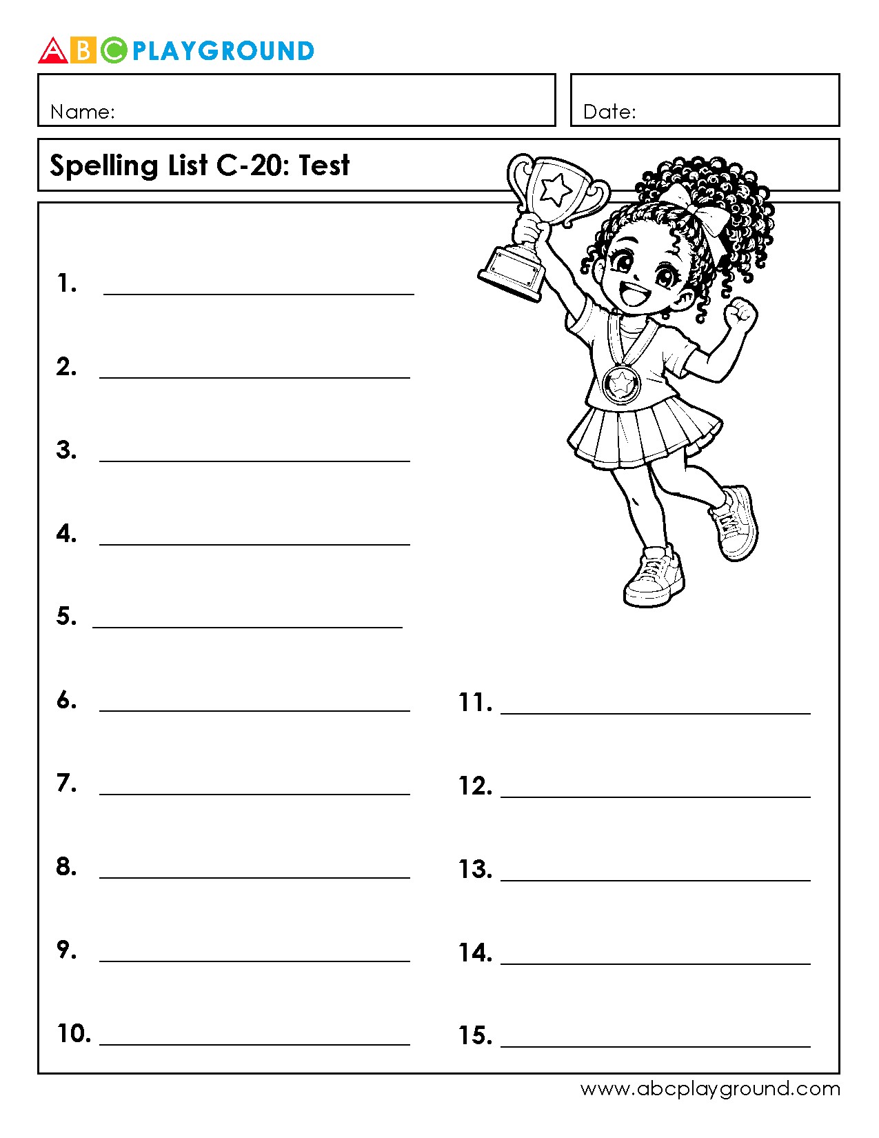 C20 Spelling Test Worksheet with 15 Practice Words