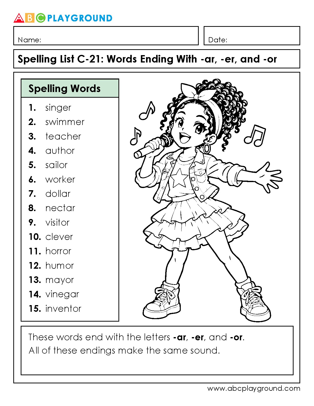 C21 Words Ending With -ar, -er, and -or Spelling List