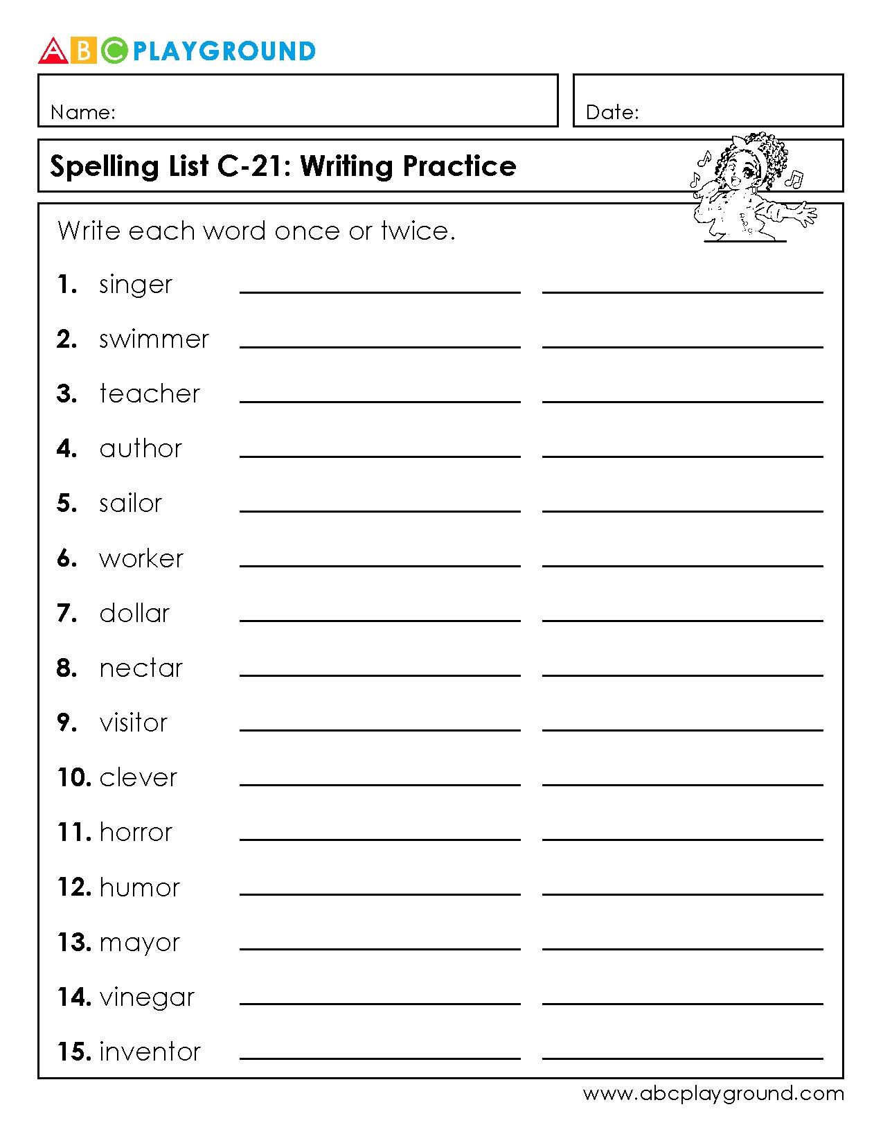 C21 Spelling Practice with Common -er and -or Ending Words