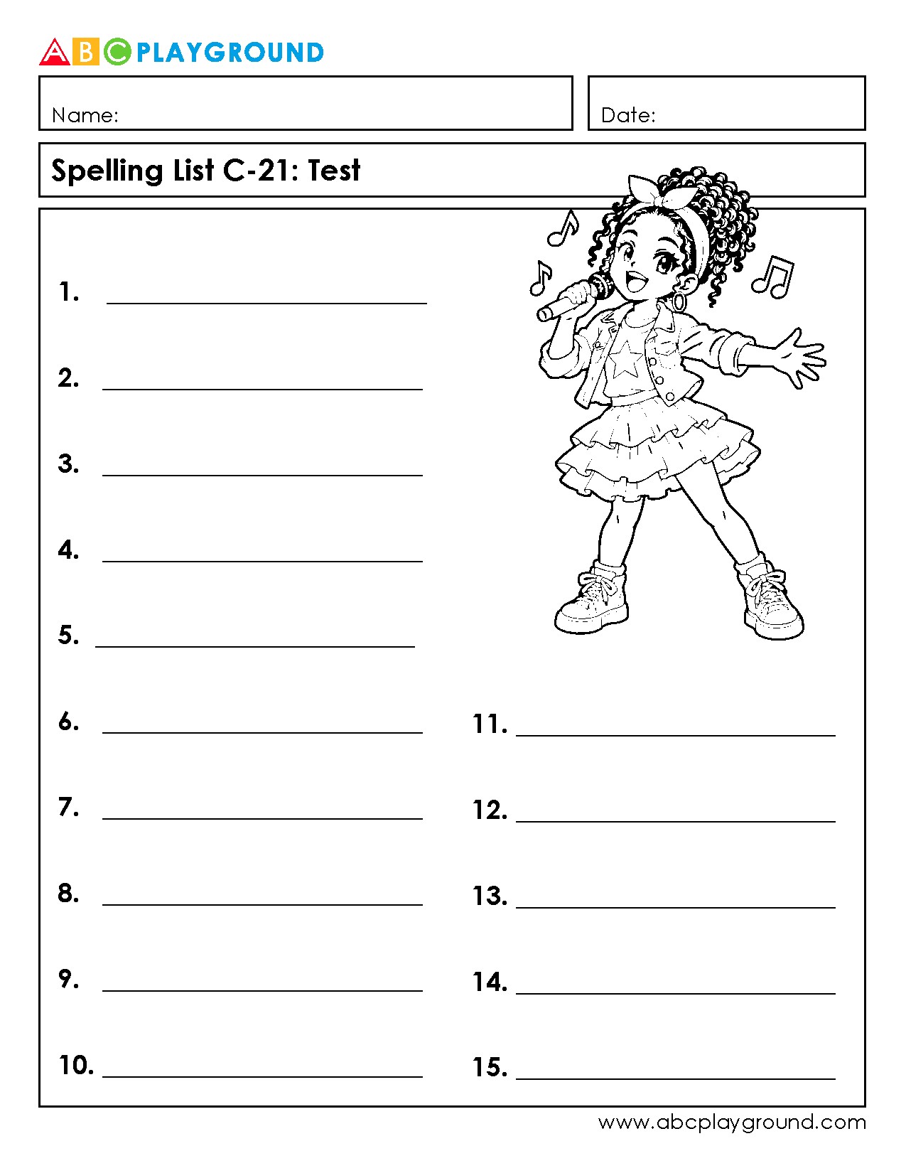 C21 Printable Spelling Test Worksheet with 15 Word Spaces