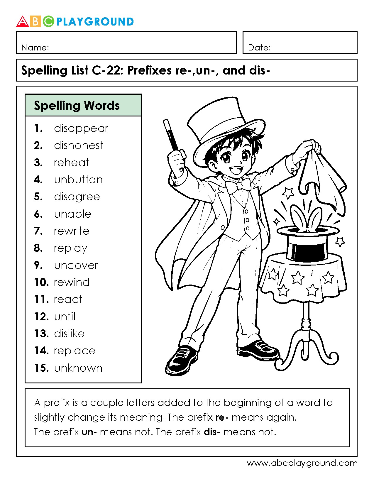 C22 Spelling Practice with Prefixes re-, un-, and dis-