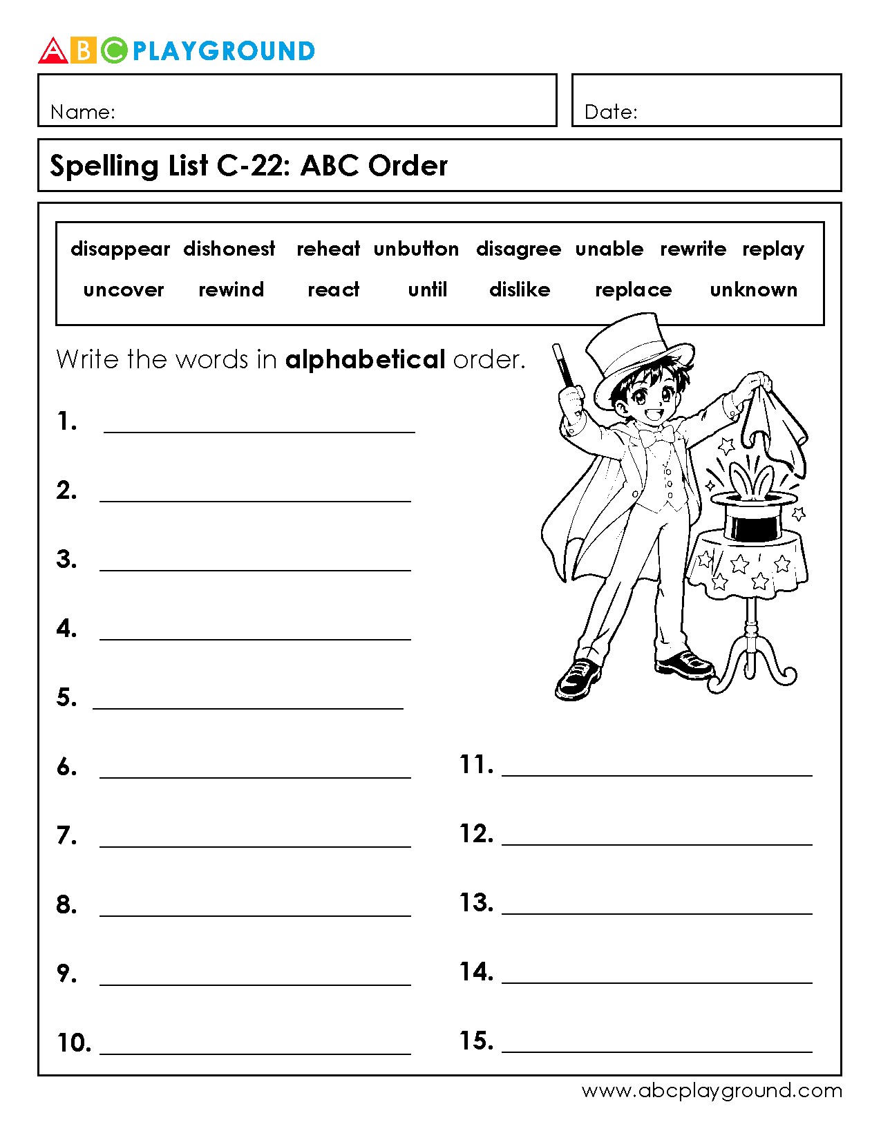 C22 Spelling Words Alphabetical Order Practice Worksheet