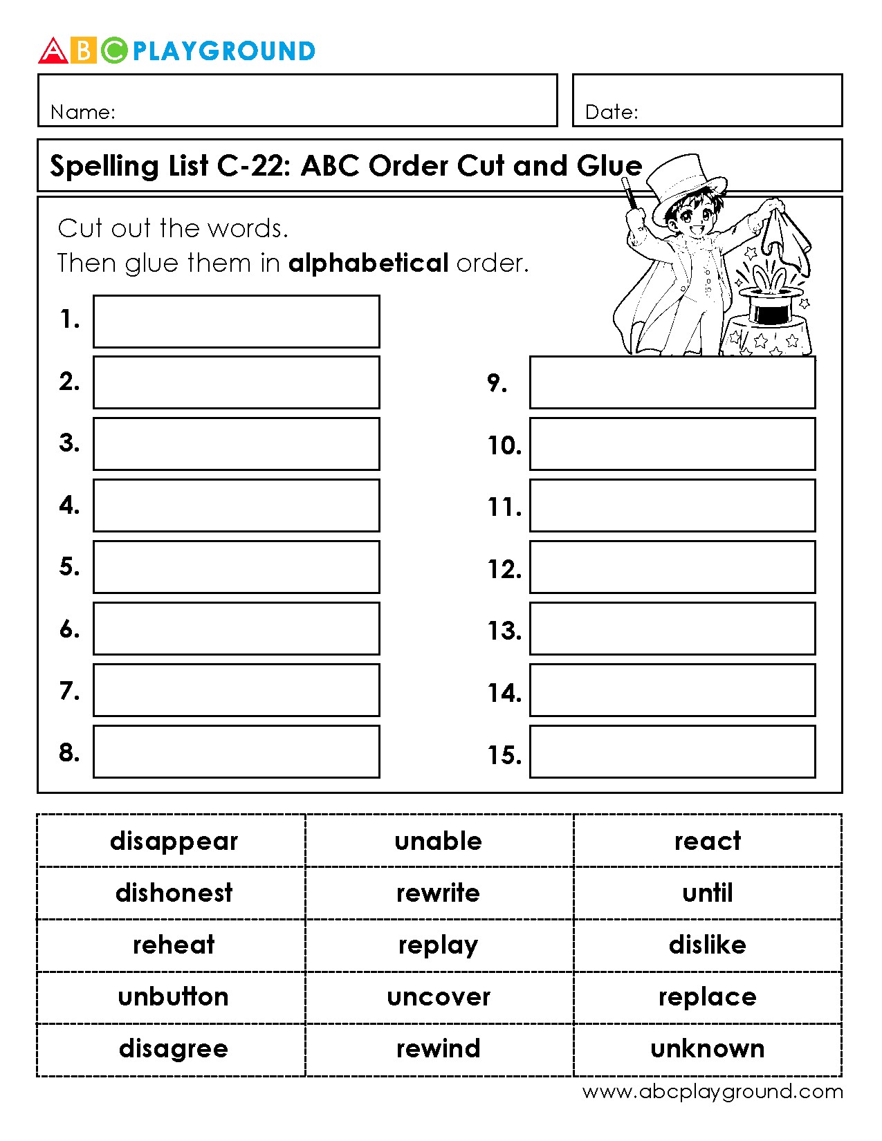 C22 Cut and Glue Words in Alphabetical Order Worksheet