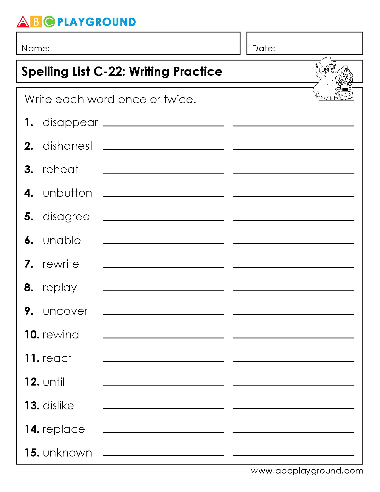 C22 Spelling List Practice with Prefix Words