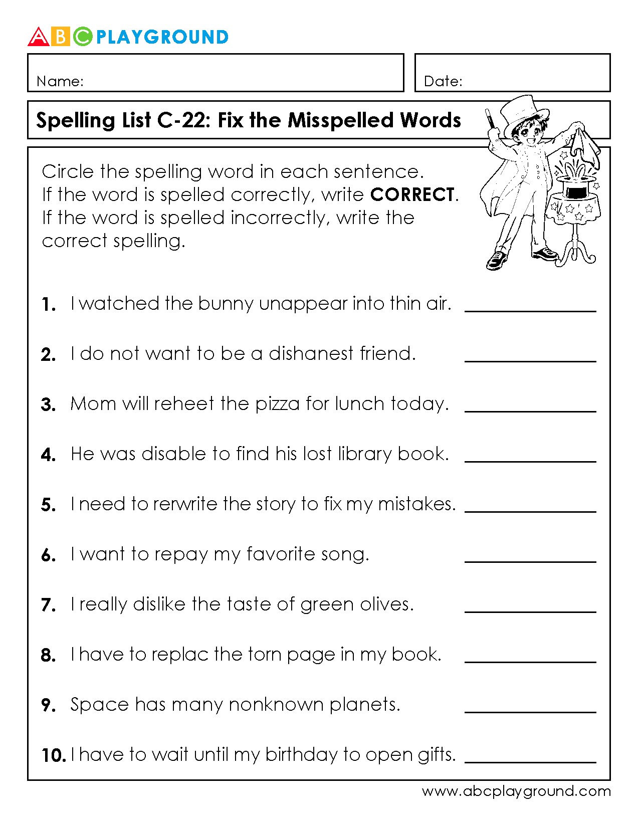 C22 Fix the Misspelled Words Spelling Practice Worksheet