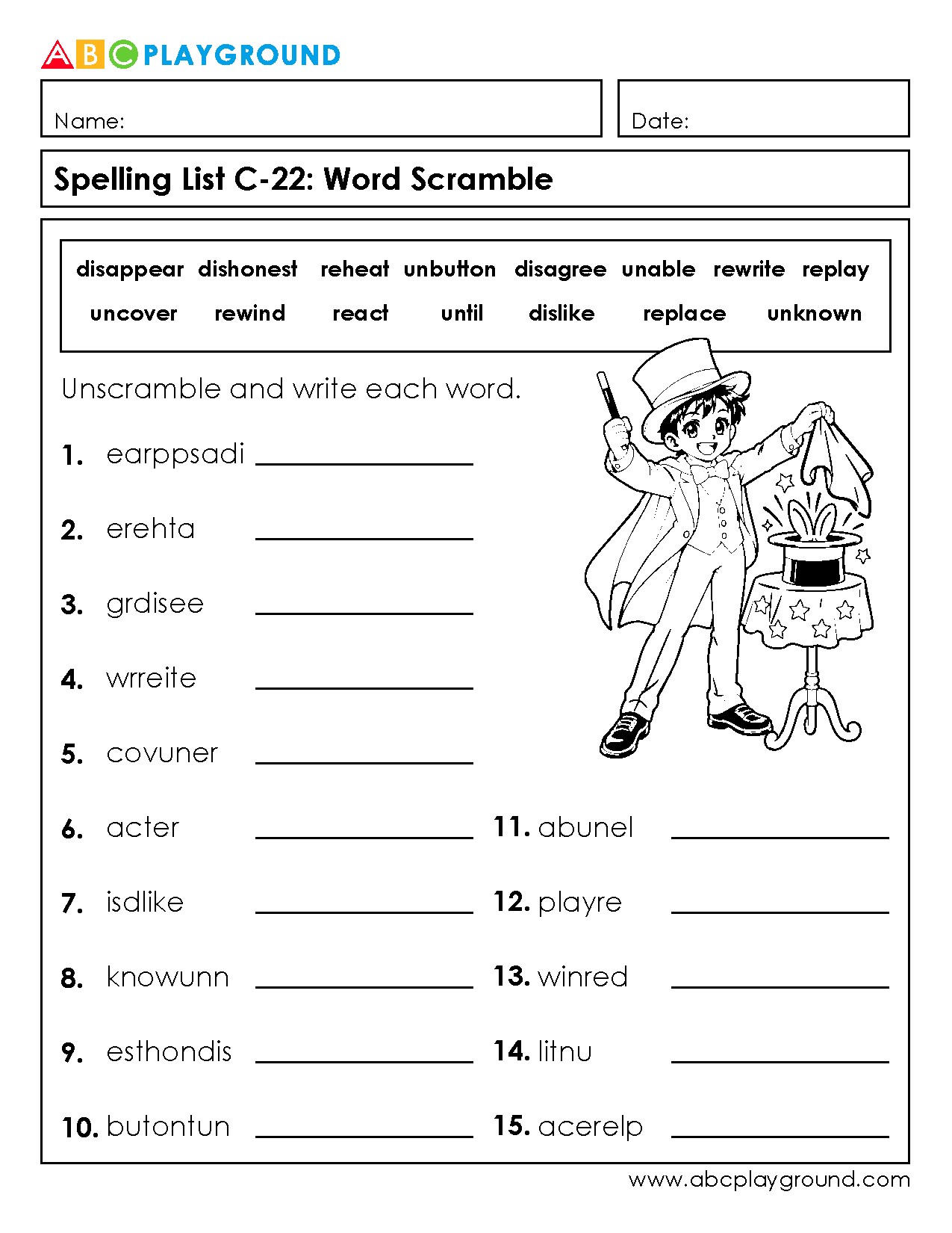 C22 Fun Word Scramble Spelling Practice Worksheet