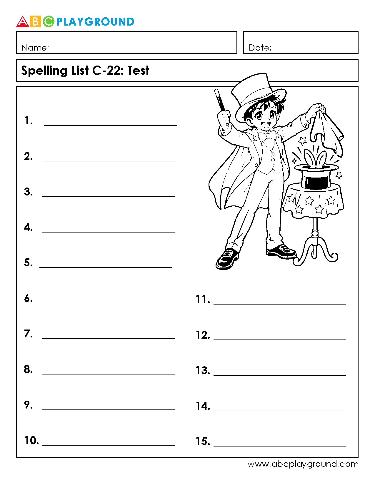 C22 Spelling Test Worksheet with 15 Practice Words