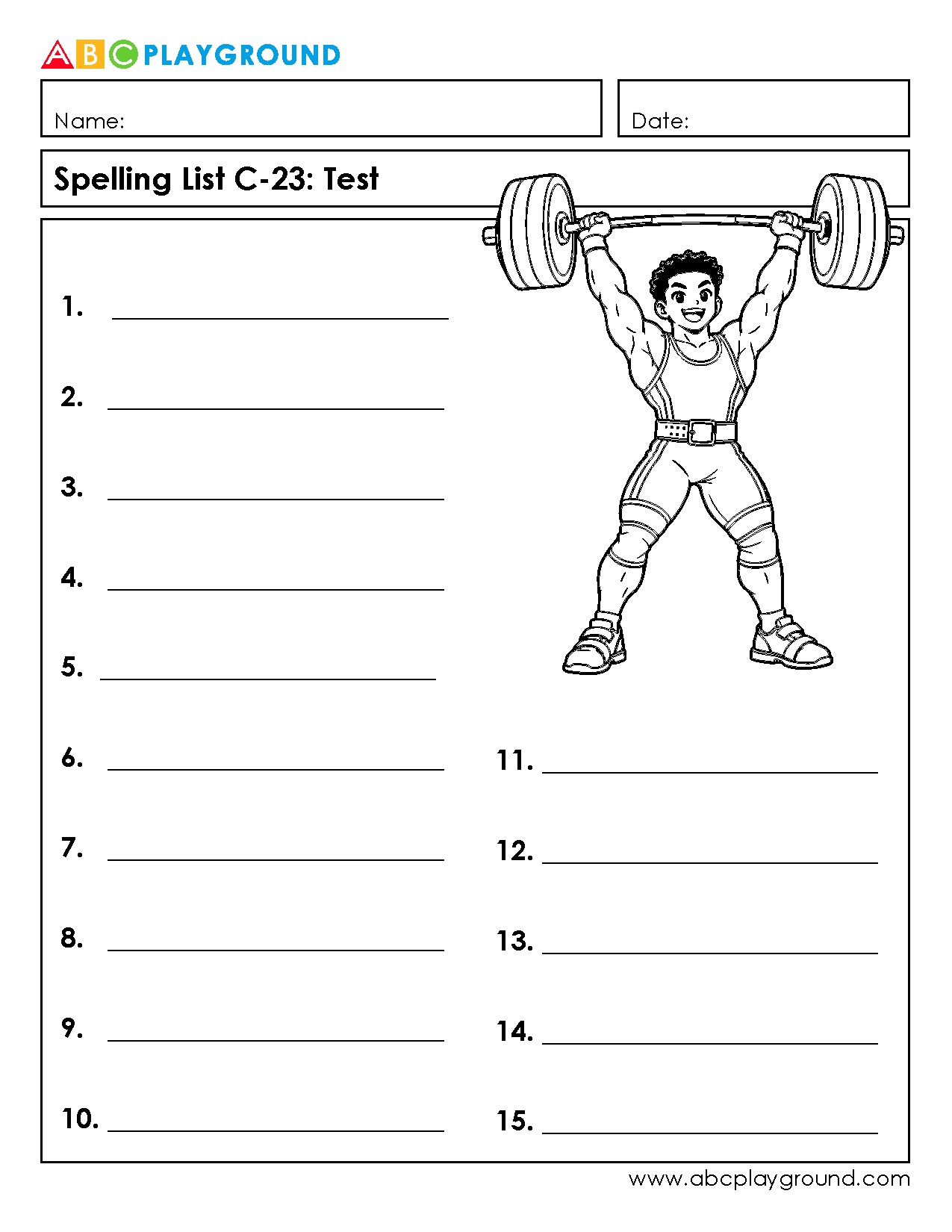 C23 Printable Spelling Test Worksheet with 15 Word Spaces
