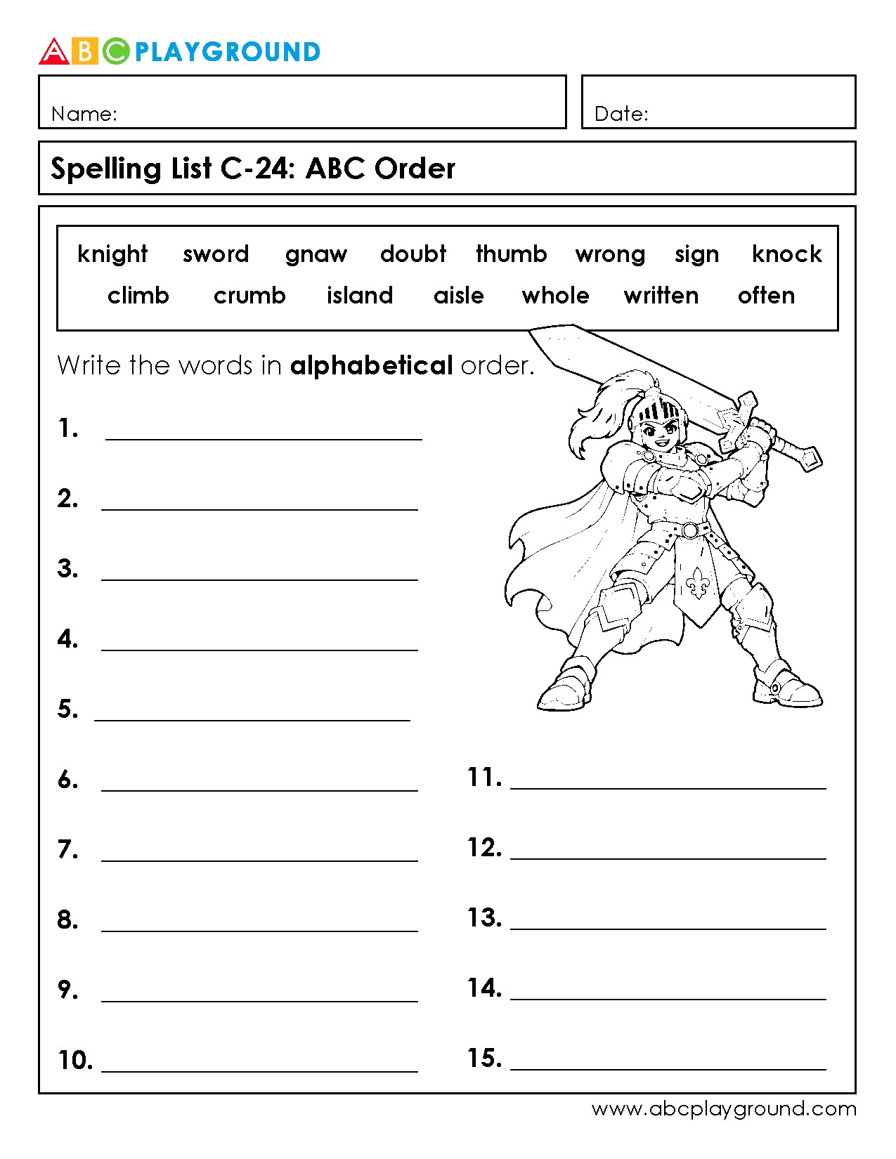 C24 Spelling Practice: Alphabetical Order Worksheet