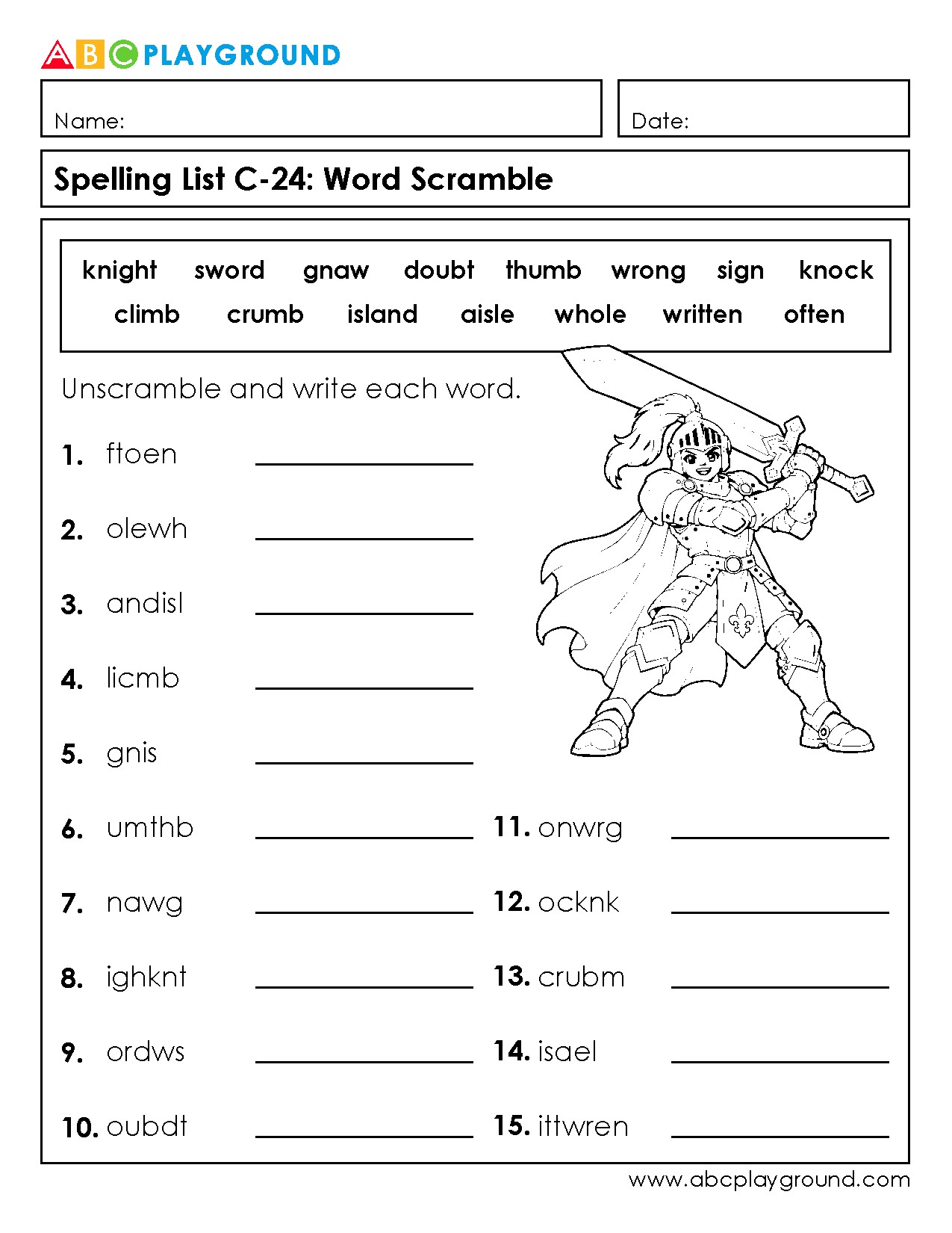 C24 Spelling Word Scramble Worksheet with Answer Key