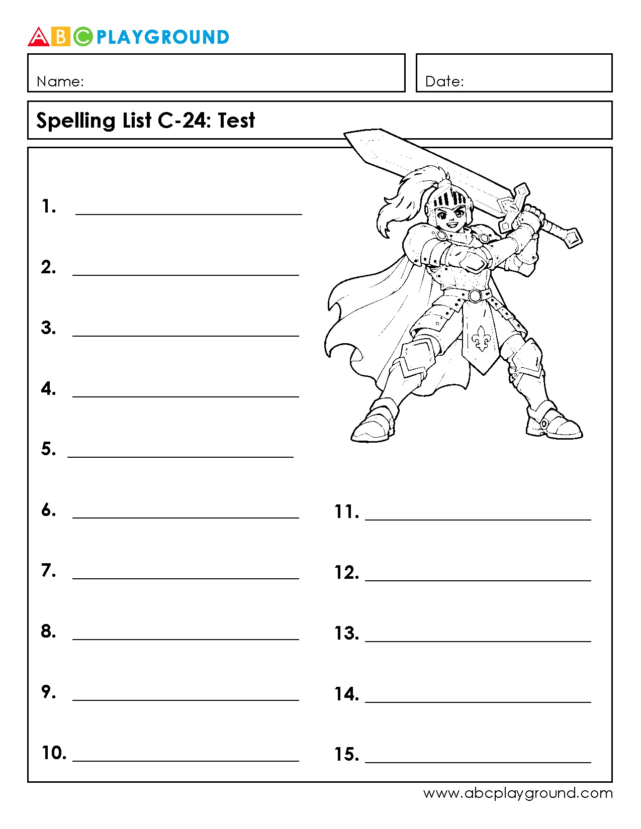 C24 Printable Spelling Test Worksheet with Knight Theme